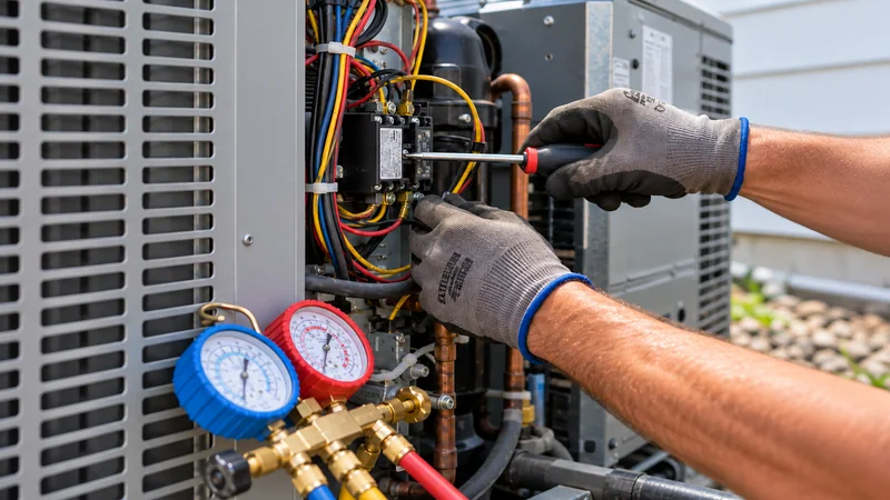 HVAC technician servicing an air conditioning condenser